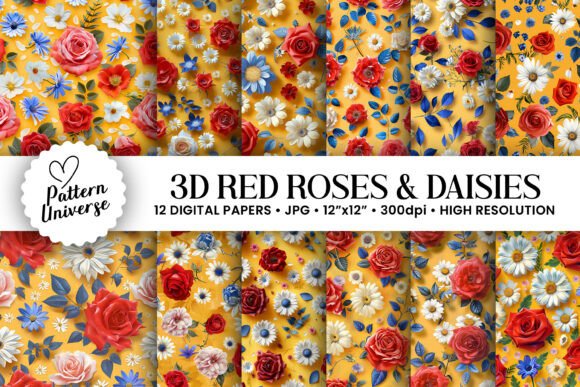 3D Red Roses and Daisy Floral Patterns
