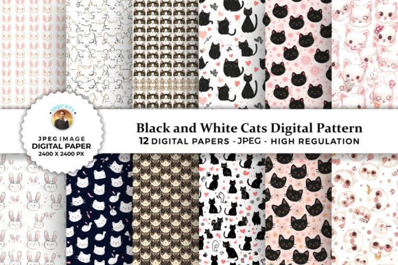 Black and White Cat Digital Patterns