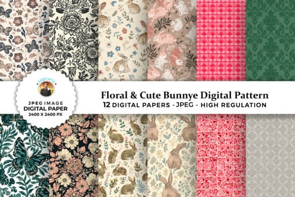 Floral Cute Bunny Digital Patterns