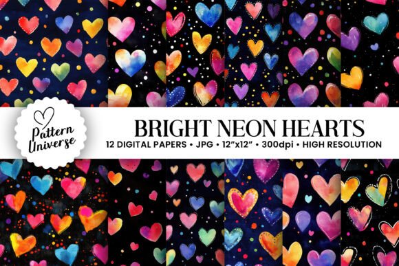 Neon Watercolor Hearts Seamless Patterns