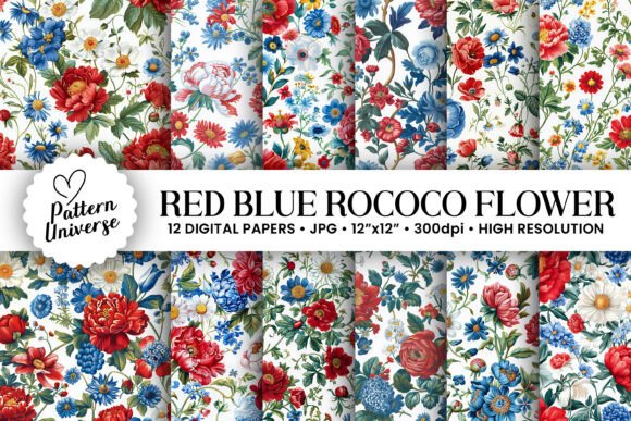 Red Blue Rococo Flowers Patterns