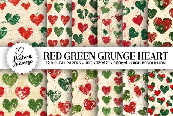 Red Green Grunge Hearts Patterns