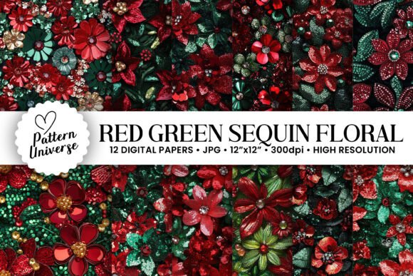 Red Green Sequins Flower Patterns