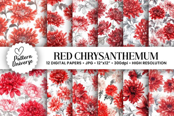 Red Watercolor Chrysanthemum Patterns