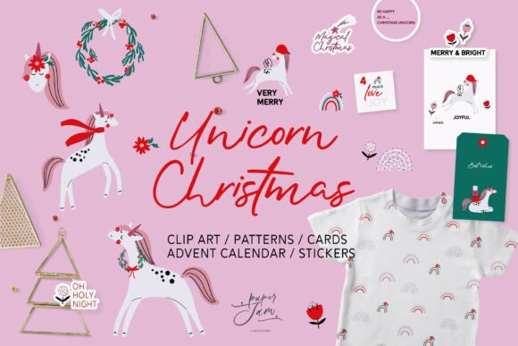 Unicorn Christmas Clipart and Patterns