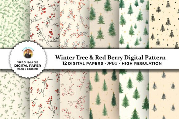 Winter Tree Red Berry Digital Patterns